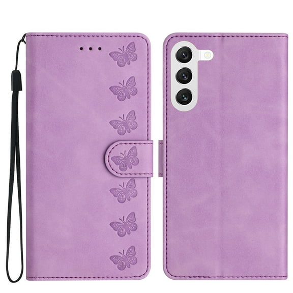 SaniMore Case for Samsung Galaxy S23 6.1" 2023, [Card Slots   Cash Pocket] Removeable Wrist Strap PU Leather Embossed Butterfly Flip Kickstand Magnetic Clasp Full Body Protective Shell, Purple
