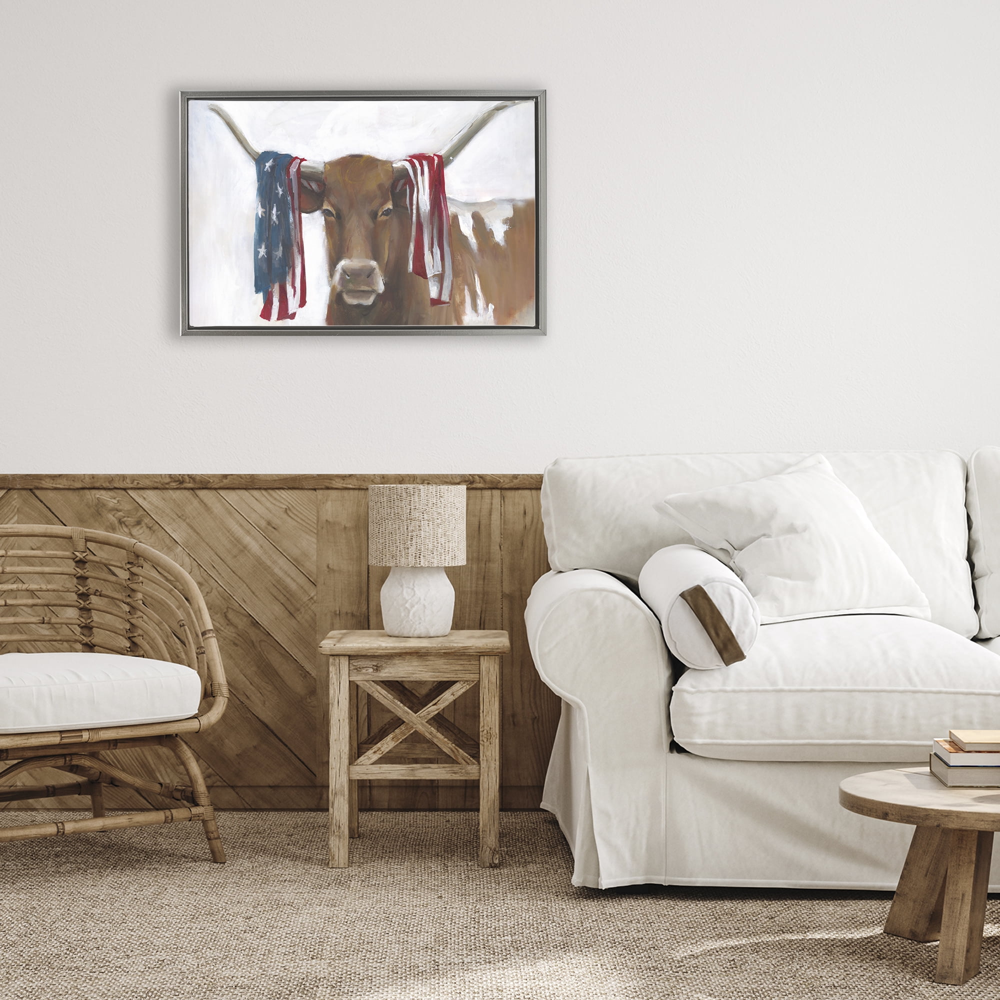 Stupell Industries Patriotic Longhorn with Flag Gray Framed Floater Canvas Wall Art, design by White Ladder