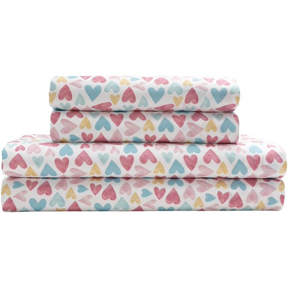MALLARY BY MATTHEW Kids Super Soft-Soft 100% Microfiber Print Sheet, Watercolor Hearts Print, Queen