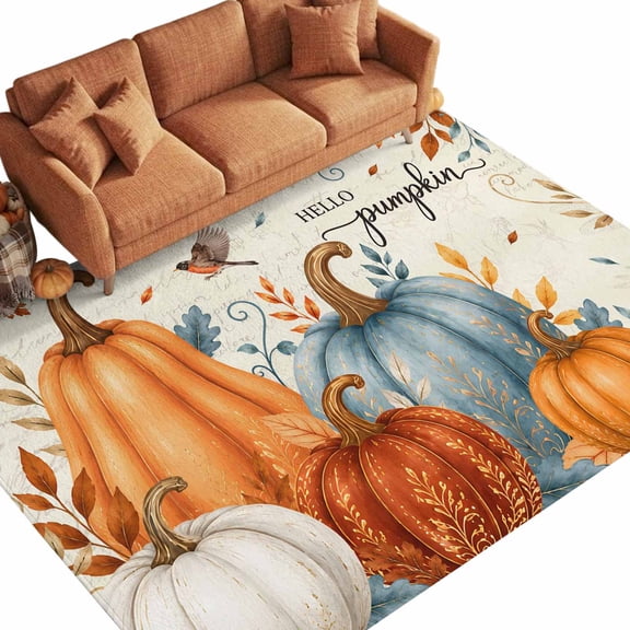Hello Pumpkin Washable Area Rug 5 x 8 ft Country Fall Leaf Orange Blue Pumpkins Vintage Soft Non‑Slip Rugs Stain Repellent Indoor Mats for Spacious Family Room, Long Dining‑Table, Sunroom