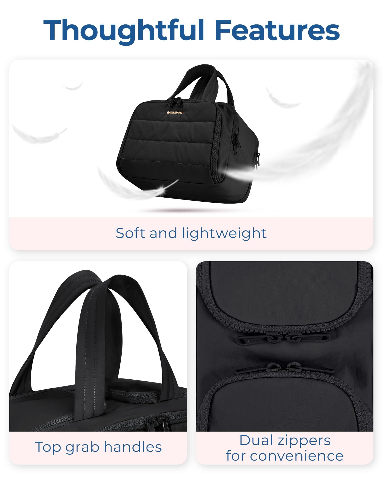 BAGSMART Crush Toiletry Bag for Travel, Lightweight Large Wide-open Travel Bag for Women, Puffy Cosmetic Makeup Bag Organizer with Handle for Accessories,Essentials, Toiletries, Black