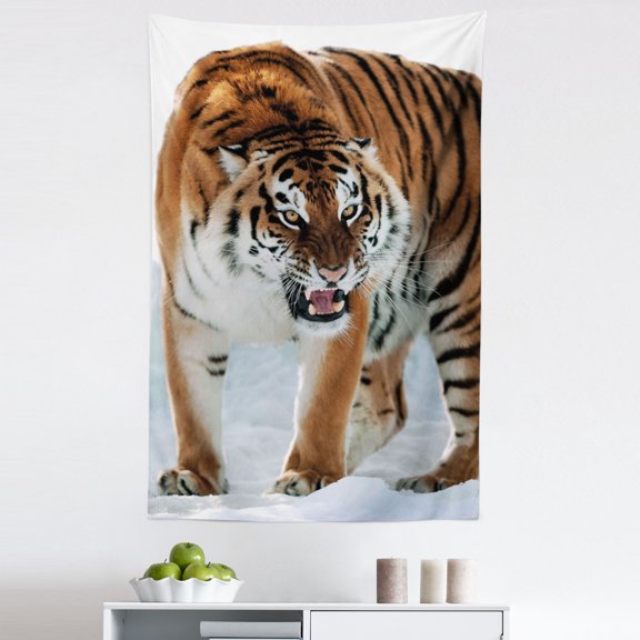 Tiger Tapestry, Close-up of Panthera Tigris Altaica Siberian Giant Feline Russian Predator, Fabric Wall Hanging Decor for Bedroom Living Room Dorm, 5 Sizes, Pale Brown Black, by Ambesonne
