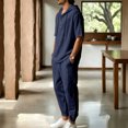 thumbnail image 4 of Men's Beach Outfit 2 Piece Linen Casual Button Down Henley Shirt Short Sleeve Loose Drawstring Hoodie and Harem Pants Vacation Sets for Men Size 3XL Navy, 4 of 9