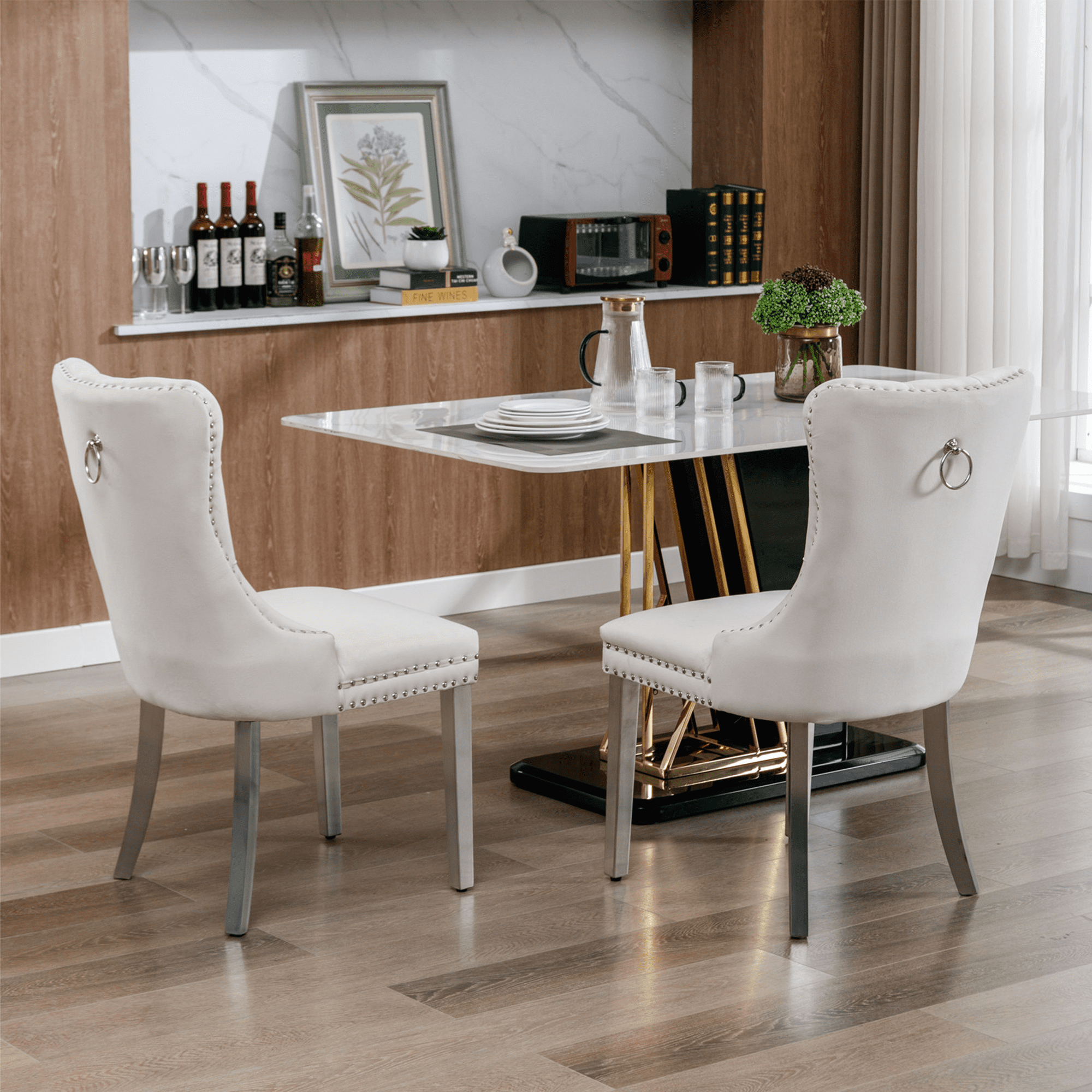 LegaHome Dining Chairs Set of 2, Modern Upholstered Velvet Dining Room Chairs with Nailhead Trim and Chrome Stainless Steel Plating Solid Wood Legs, Tufted Button Padded Chairs Set for Kitchen, Beige