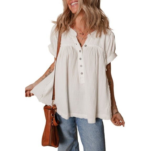 Women's White Textured Cotton Blouse with Short Sleeves and Buttoned Split Neck | [ZhiHiMeRi] | (US 12-14)L