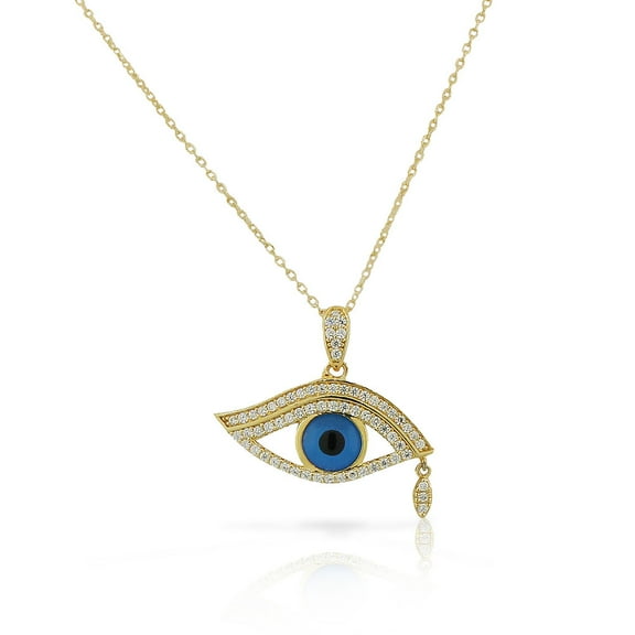 925 Sterling Silver White Clear CZ Evil Eye Tear Protection Pendant Necklace
