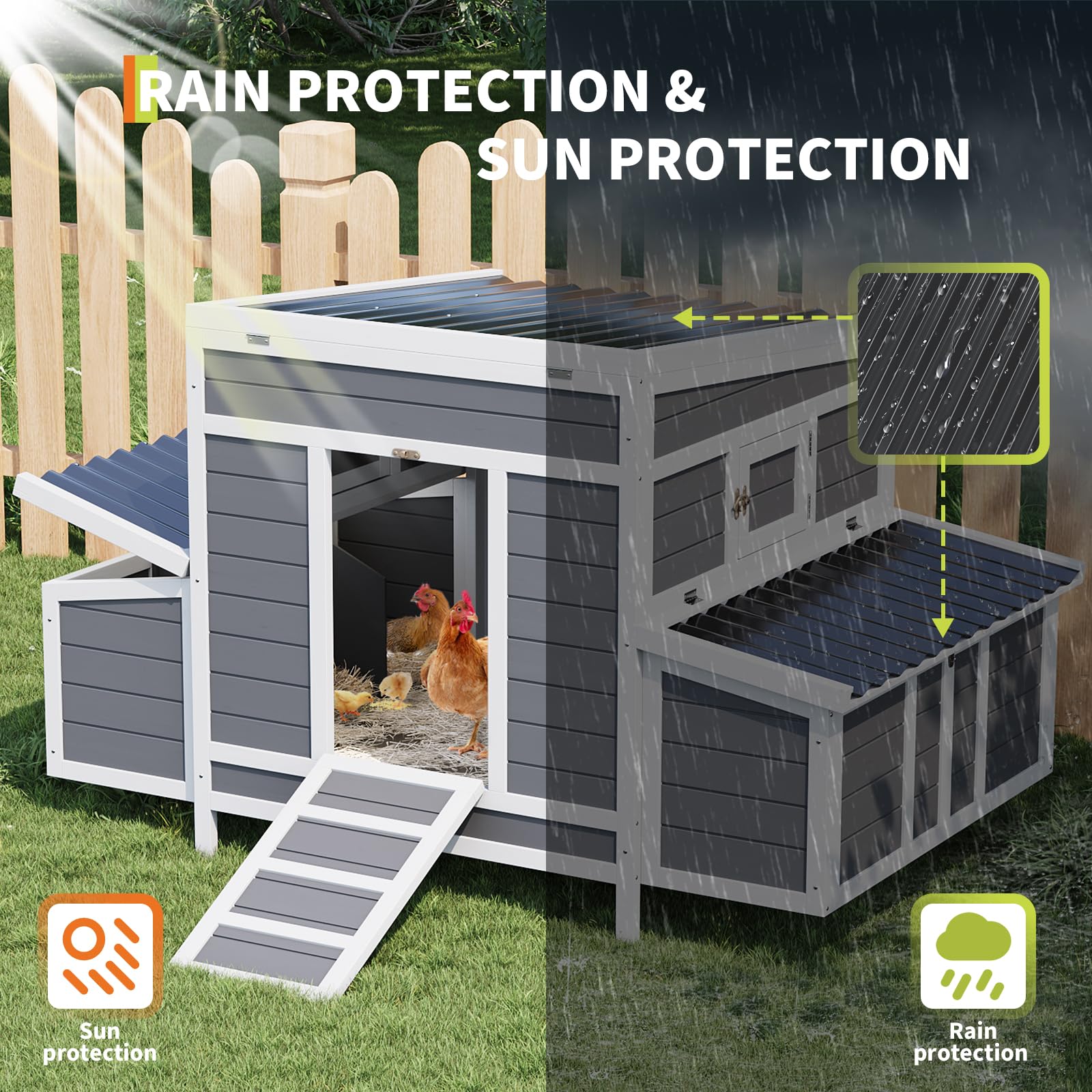 Huisuilinss Wooden Chicken Coop,Large Hen House For 4-6 Chickens,Outdoor Poultry Cage Rabbit Cage With 6 Nesting Boxes,Ramps & Tray