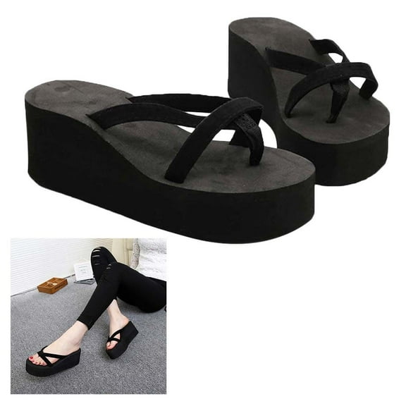 Raindrops 1 Pair of Black Wedge Flops Sandals in Bohemia Style for Women's Comfortable Walking Experience at the Beach