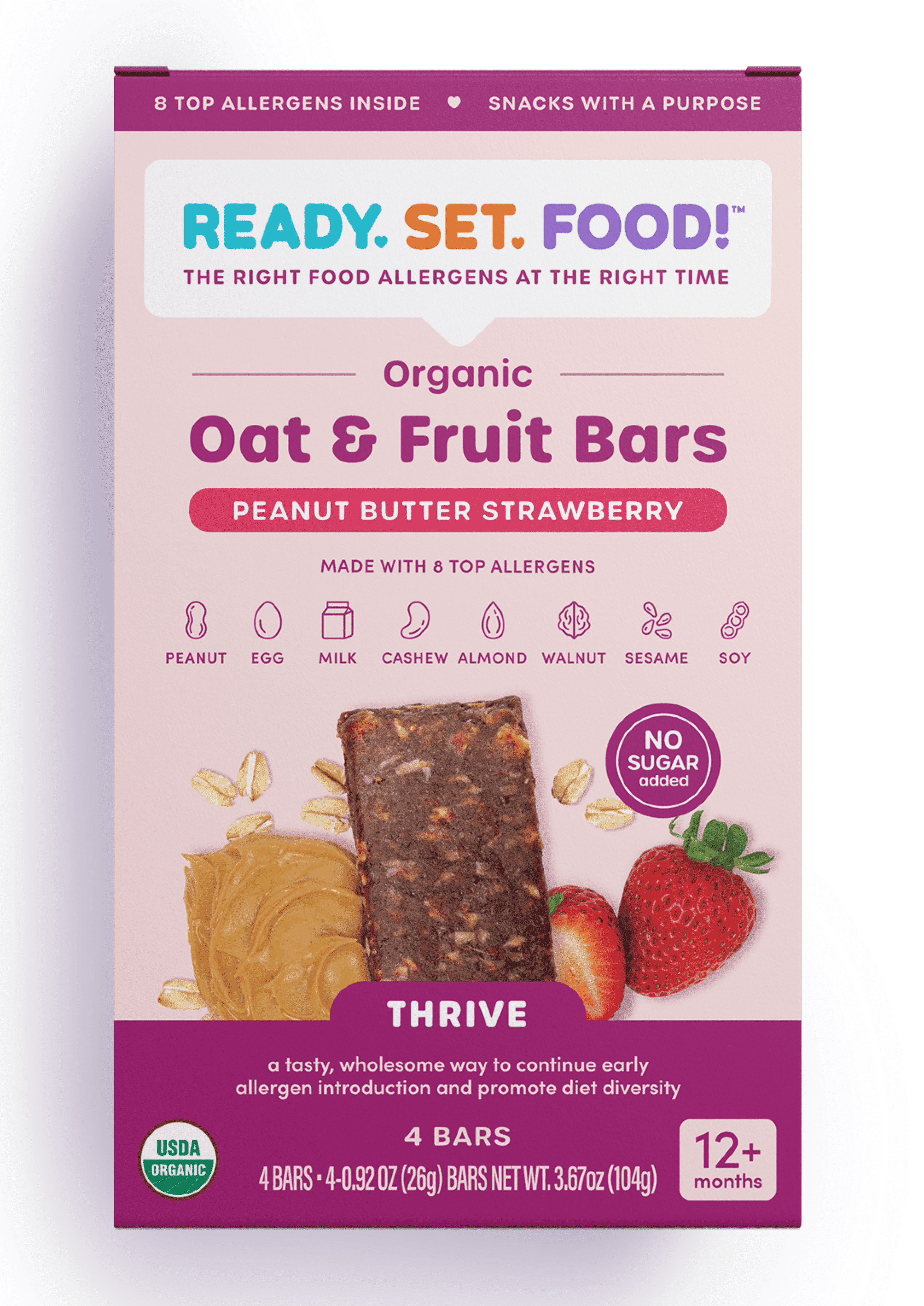 (3 pack) Ready, Set, Food! Organic Oat & Fruit Bar, Toddler Snack, 8 Top Allergens, Peanut Butter Strawberry
