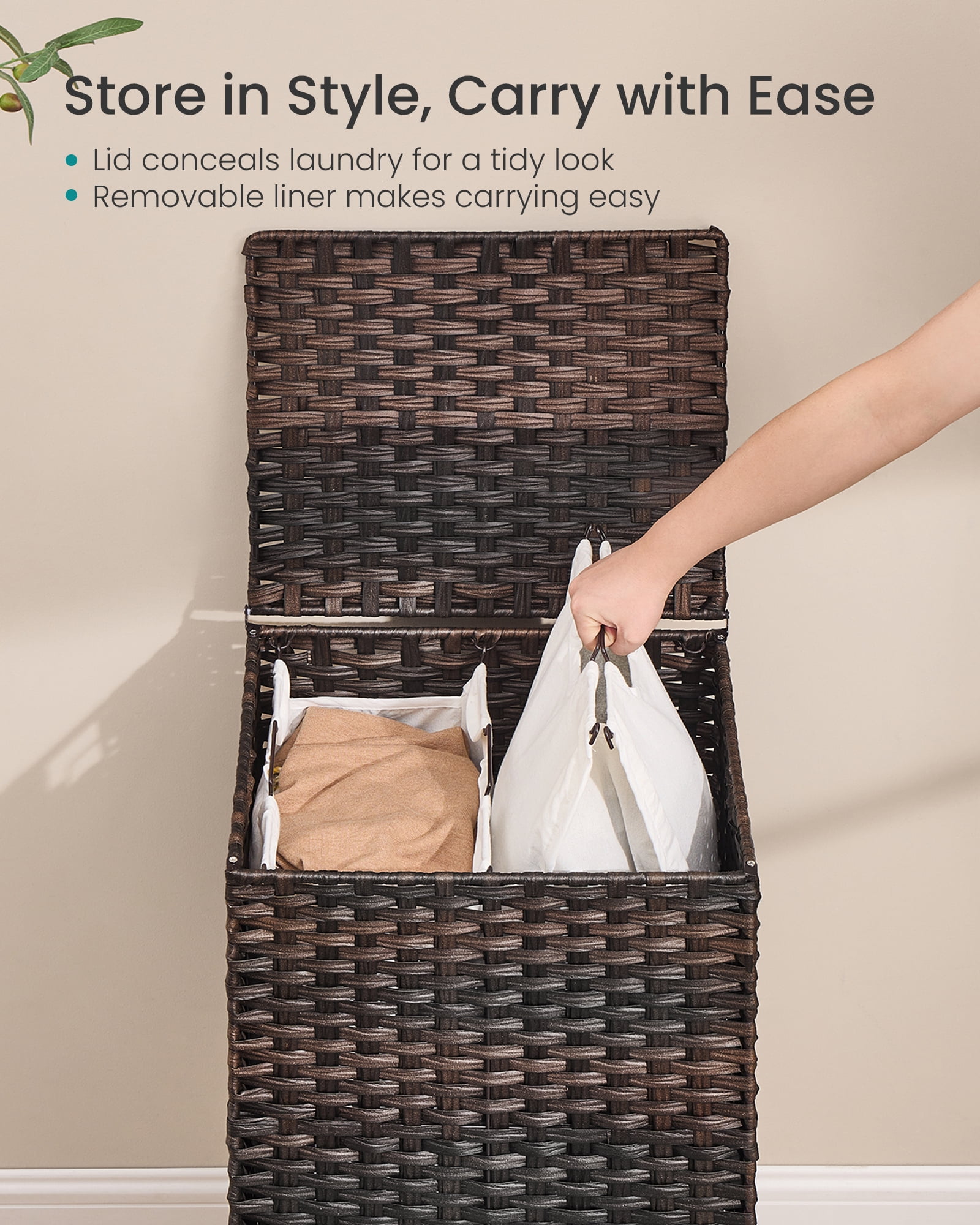 SONGMICS Laundry Hamper with Lid, PE Rattan Laundry Basket with Removable Liner, 2-Section Sorter, 29 Gallons (110 L), Chestnut Brown