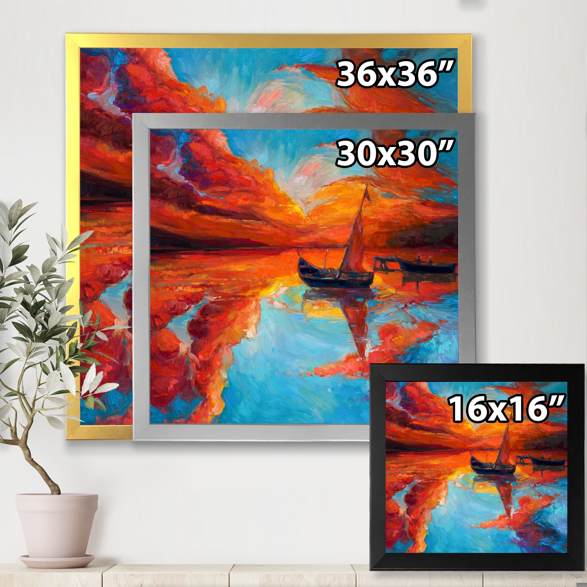 Little Boat During Warm Deep Red Evening Glow 30 in x 30 in Framed Painting Canvas Art Print, by Designart