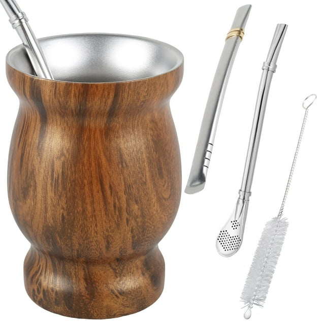 Jetcloudlive Taza de Yerba Mate de 8oz Juego de Tazas de Té de Acero Inoxidable con Cepillo para Popote Cuchara para Popote Popote Plana y Tapa Taza de Té Aislada de Yerba Mate Taza de Café Taza de A