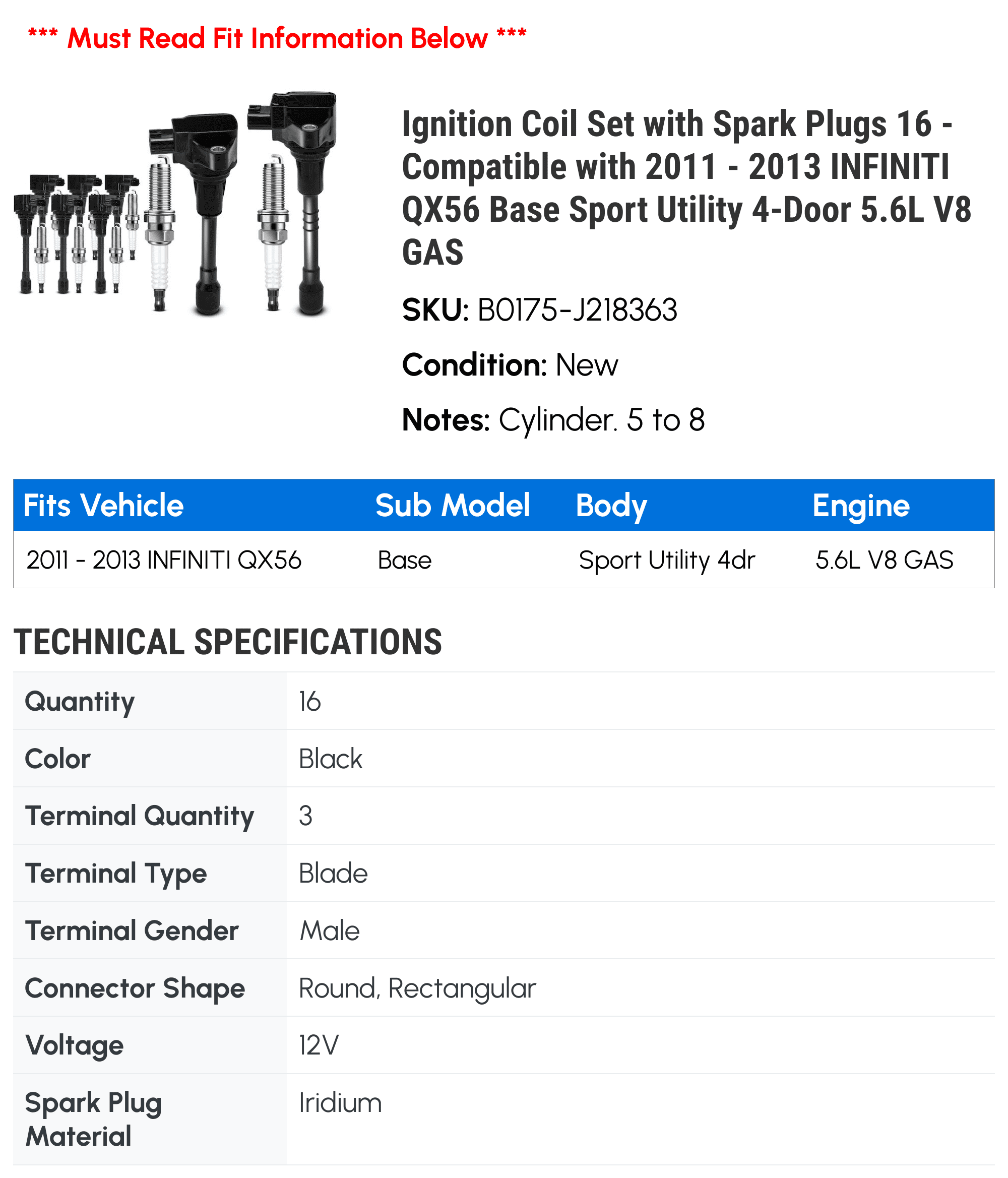 Ignition Coil Set with Spark Plugs 16 - Compatible with 2011 - 2013 INFINITI QX56 Base Sport Utility 4-Door 5.6L V8 GAS - Autopart Premium