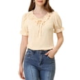thumbnail image 1 of Allegra K Women's Tie Neck Ruffle Neck Blouse Puff Sleeve Ruffle Cuff Solid Tops S Apricot, 1 of 5
