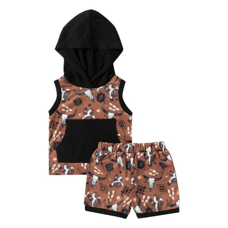

NIUREDLTD Toddler Boys Sleeveless Cartoon Cute Cow Prints Hoodie Tops Shorts 2PCS Outfits Clothes Set Sizes 6M