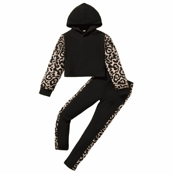Big Girls Spring Fall Pants Sets Leopard Pattern Patchwork Hooded Short Tops Elastic Side Splicing Trousers 2Pcs Clothing From 7-14Y