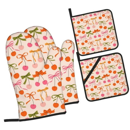 

Tebeau Cherries And Bows Print 4 Pcs Oven Mitts and Pot Holders 500°F High Heat Resistant Kitchen Oven Mitts with Pot holders Long Oven Mitts for Baking and Cooking