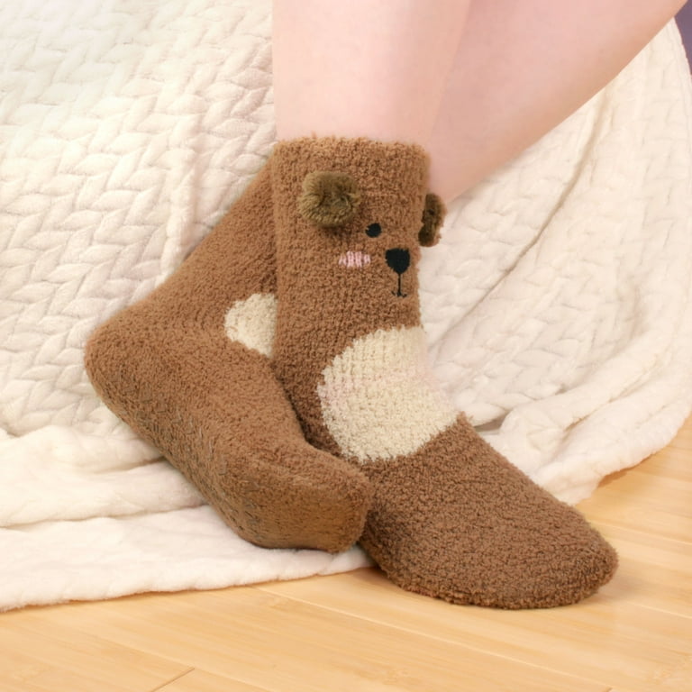 Super Soft Cozy Warm Cute Animal Non-Slip Fuzzy Crew Winter Socks, 1 Pair  Brown Bear