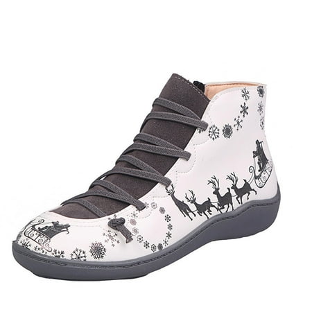 

Women Vintage Short Boots Christmas Printed Comfort Outdoor Walking Shoes Flatform Casual Ankle Booties