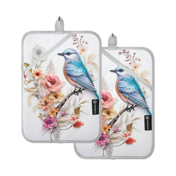 Pot Holders Set of 2 Heat Resistant 338℉ Kitchen Oven Gloves Potholder Cooking Baking Microwave Mitts Bird on Beautiful Floral Branch