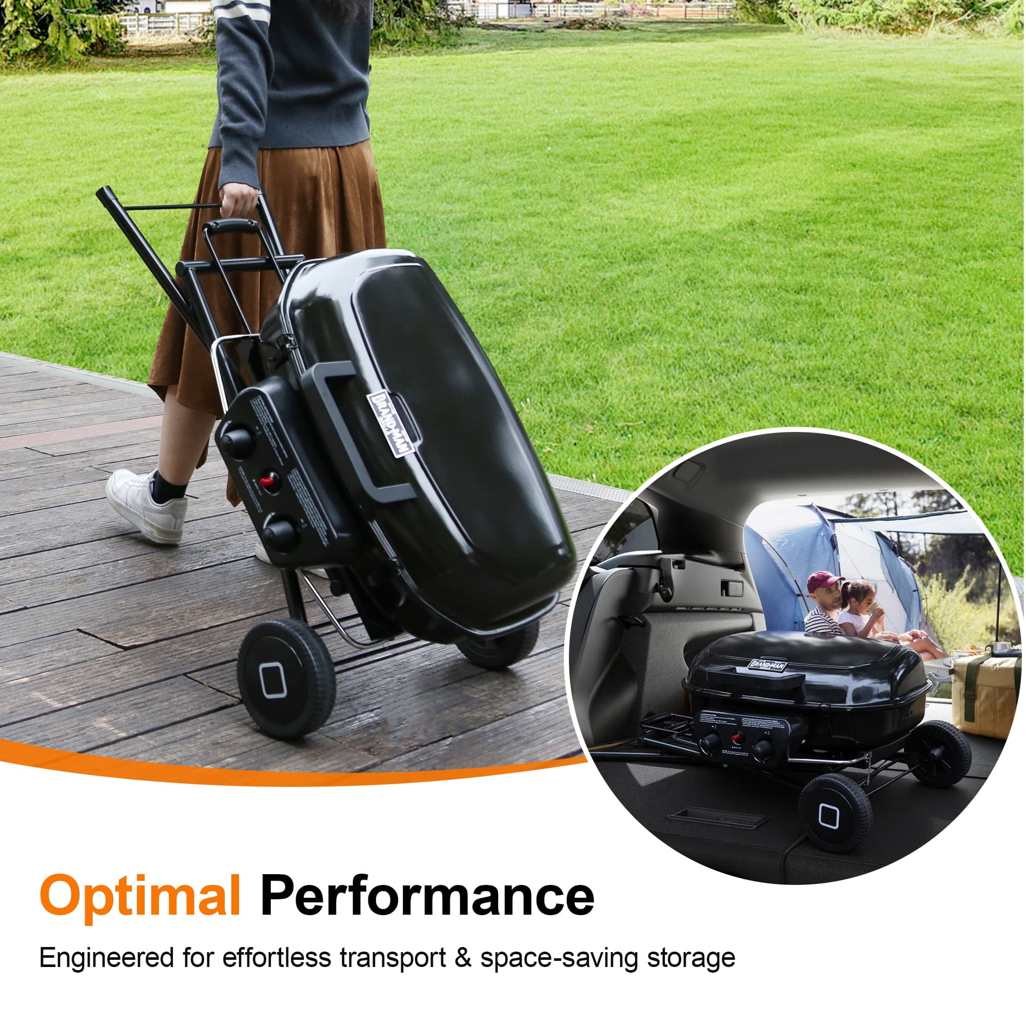 Portable 2-Burner Propane Gas Grill, Foldable and Stand-up for Backyard Cooking - Brand-Man Grills, Black