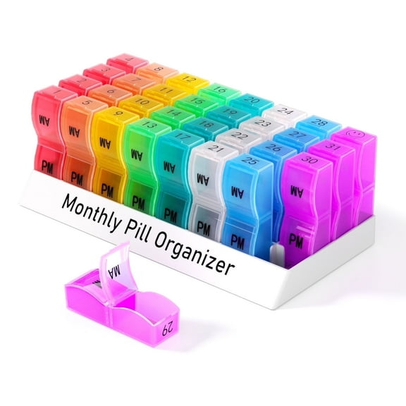 Monthly Pill Organizer 2 Times a Day, One Month Pill Box with AM and PM, 30 Day Pill Case with 32 Portable Compartments