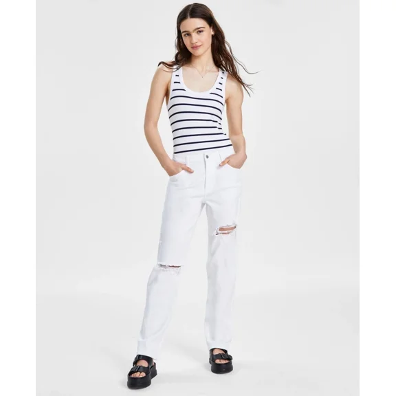 Tinseltown Juniors' Relaxed Ripped Straight-Leg Jeans - White Deco, 3