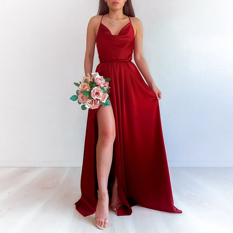 Spaghetti Straps Satin Long Prom Dress with Slit V-Neck Wrap Bridesmaid  Dresses Formal Evening Gown, Mint, 14 : : Clothing, Shoes &  Accessories