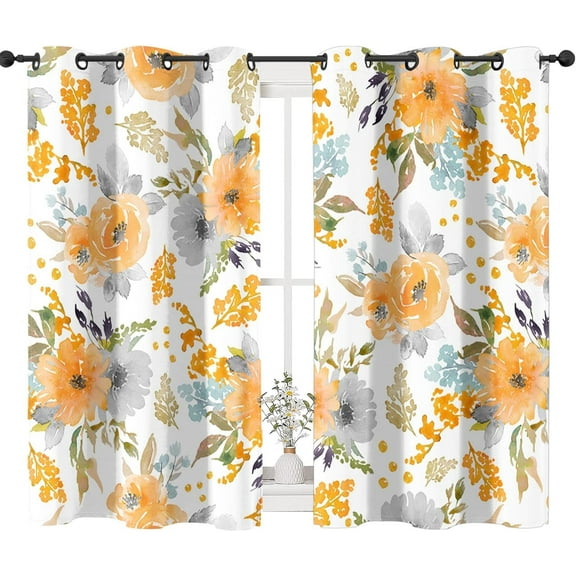 Gray Orange Blue Curtains for Living Room,Flower Floral Vintage Solid Thermal Insulated Grommet Drapes,Room Darkening Window Curtain-42"W x 63"L (Pack of 2)