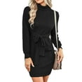 thumbnail image 2 of SAYOO Women Casual Wrap Hip Dress Solid Color Long Sleeves High Neck Tie Waist Female Dress, 2 of 9
