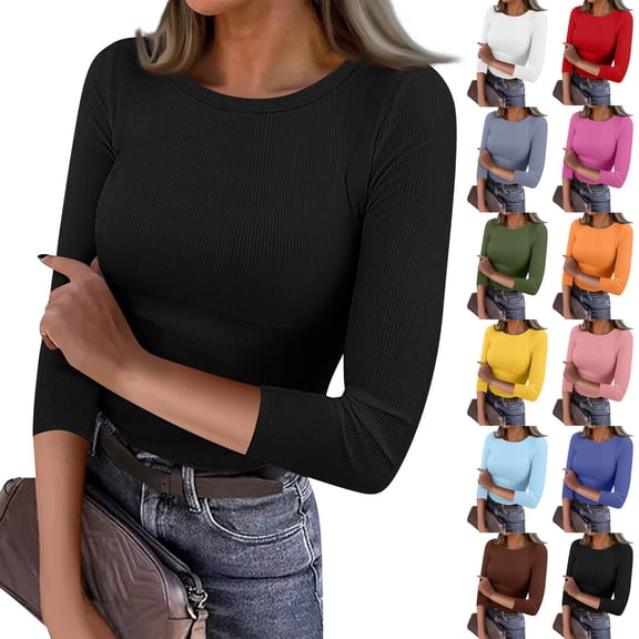 Women 3/4 Sleeve T Shirts Rib Knit Slim Fit Tops Basic Tee 2026 Fall Outfits Casual T-Shirt Underscrubs Layer Clothes Gray 2XL