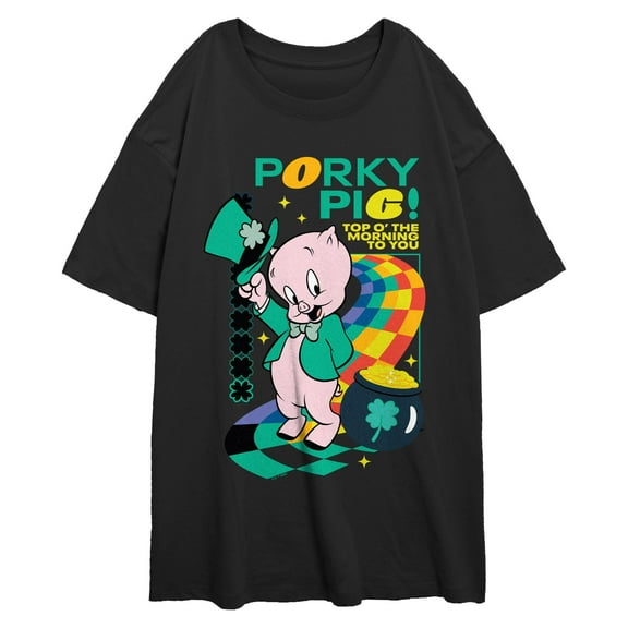 Junior's Looney Tunes Leprechaun Hat Porky Rainbow Grid Graphic T-Shirt