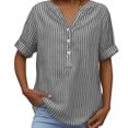 thumbnail image 6 of Otvok Plus Size Women's Cotton Linen Shirts Casual Comfortable Striped Print Short Sleeve V-Neck Summer Blouse, 6 of 7