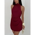 thumbnail image 4 of Women's Ruched Halter Sleeveless Mini Dress Tie Backless Bodycon Evening Party Cocktail Dresses Wine Red S, 4 of 9