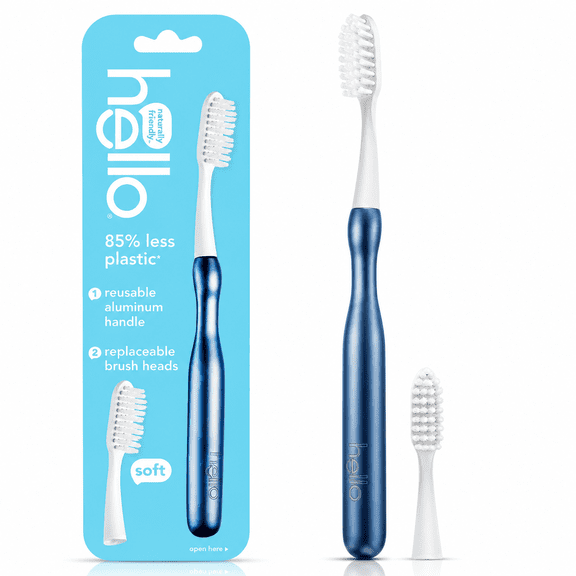 Hello Aluminum Toothbrush with Replaceable Brush Heads, Soft Bristles, Reusable Aluminum Handle, Blue, Includes 1 Toothbrush & 1 Replacement Head