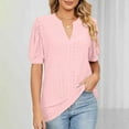 thumbnail image 2 of Hot days, bold styles. Olyvenn Womens Summer Business Casual Blouses Eyelet V Neck Puff Short Sleeve Shirts Hollow Out Cute Lace Tops Pink S, 2 of 6