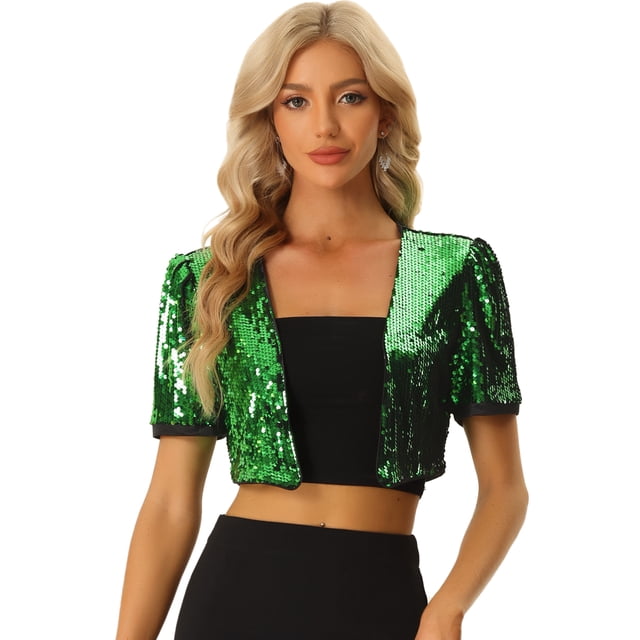 Encogimiento de Hombros de Lentejuelas para Chaquetas Recortadas con Purpurina Delantera Abierta de Manga Corta para Mujer Verde L