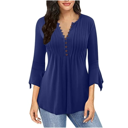 

Bospose Ladies O-Neck Shirt 3/4 Sleeve Shirt Short Shirt Women Corset Top Blue Shirt Women Tunic Top Women S Casual Trumpet Solid Buttoned Basic Ruched Tops Pleated T-Shirts Blouses Lady Solid Color P