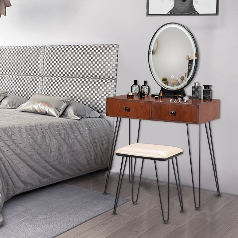 Kepooman Bedroom Iron Dressing Table, Simple Dressing Table with Iron Foot and Three-Color Adjustable Light, White Kepooman Bedroom Iron Dressing Table, Simple Dressing Table with Iron Foot and Three-Color Adjustable Light, White