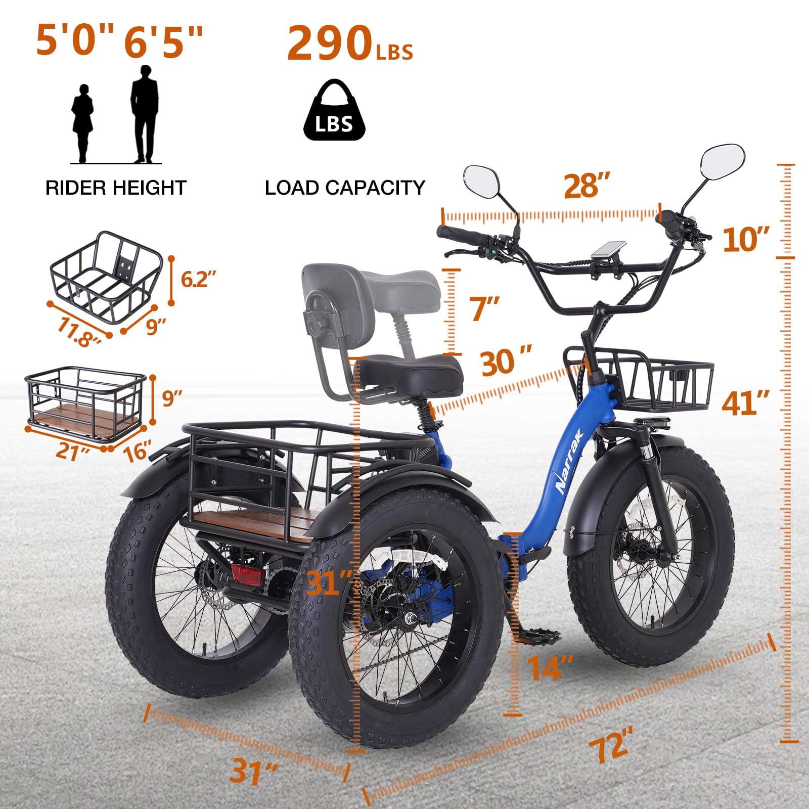 Electric Folding Tricycle for Adults, 750W(Peak 1350W), 48V13Ah Ebike, 20"x4.0" Aluminum Folding Fat Tire 3 Wheel Electric Trike, Max 20MPH Hydraulic Brake, Rear Motor Differential