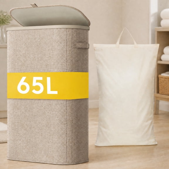 Norcho 65L Slim Laundry Basket with Lid, Plastic Handles, Removable Bag, Tall, Beige