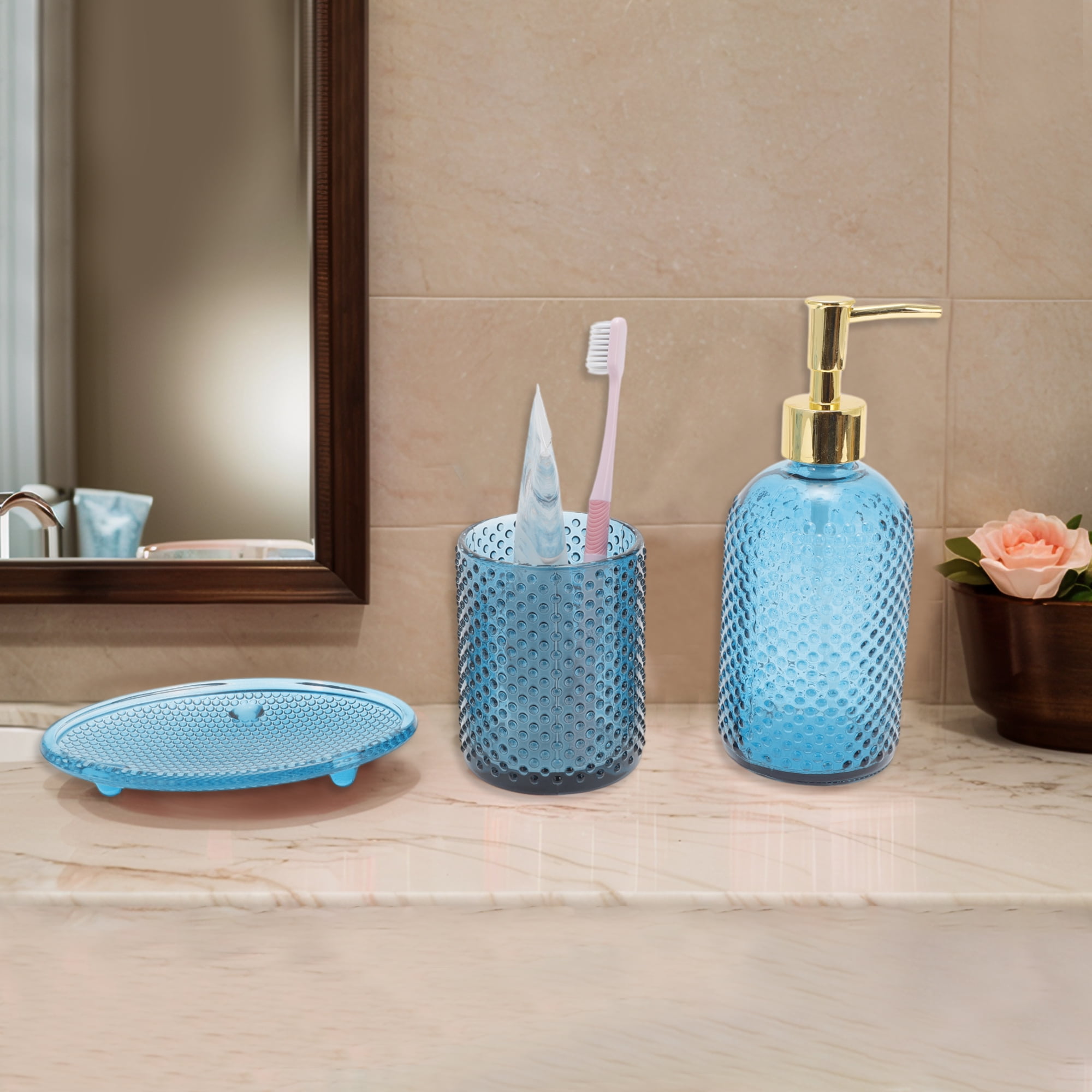 Unique Bargains 3 Pcs Reusable Dot Bathroom Accessories Kit Blue