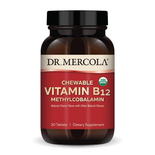 suplemento de vitamina b12 masticable dr. mercola 30 comprimidos, botella ámbar frontal con tapa negra y etiqueta roja que muestra "Vitamin B12 Methylcobalamin" y sello USDA Organic; sabor cereza sin azúcares, 30 tabletas, suplemento masticable adecuado para uso diario.