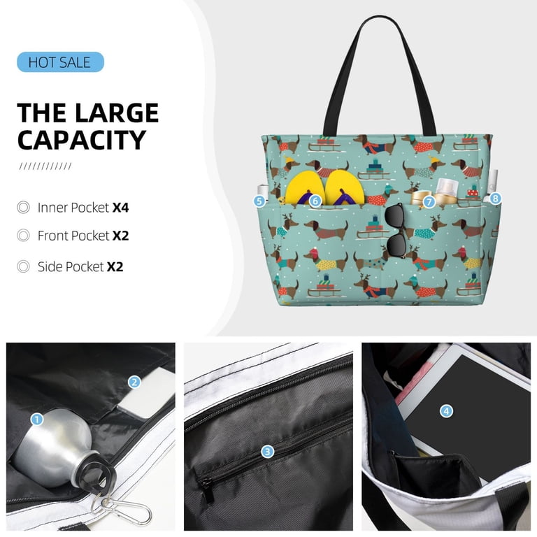 Wukai Dachshund Dog Puppy Print Zipper Bag,large Beach Tote Bag