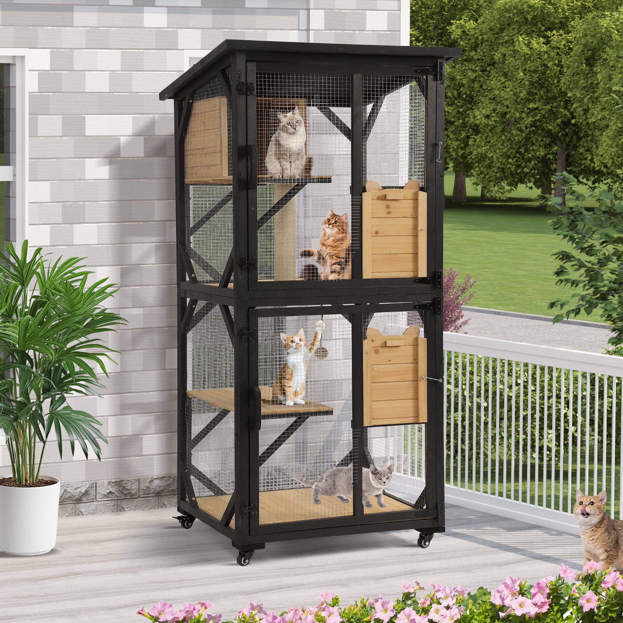 Haverchair Catio Outdoor Cat Enclosure with Scratcher - 4-Tier Large Indoor Wooden Window Catio Cat House W/Asphalt Waterproof Roof, Wheels, Resting Box, Platforms, Cat Toys Ball, Pet Cage Playpen
