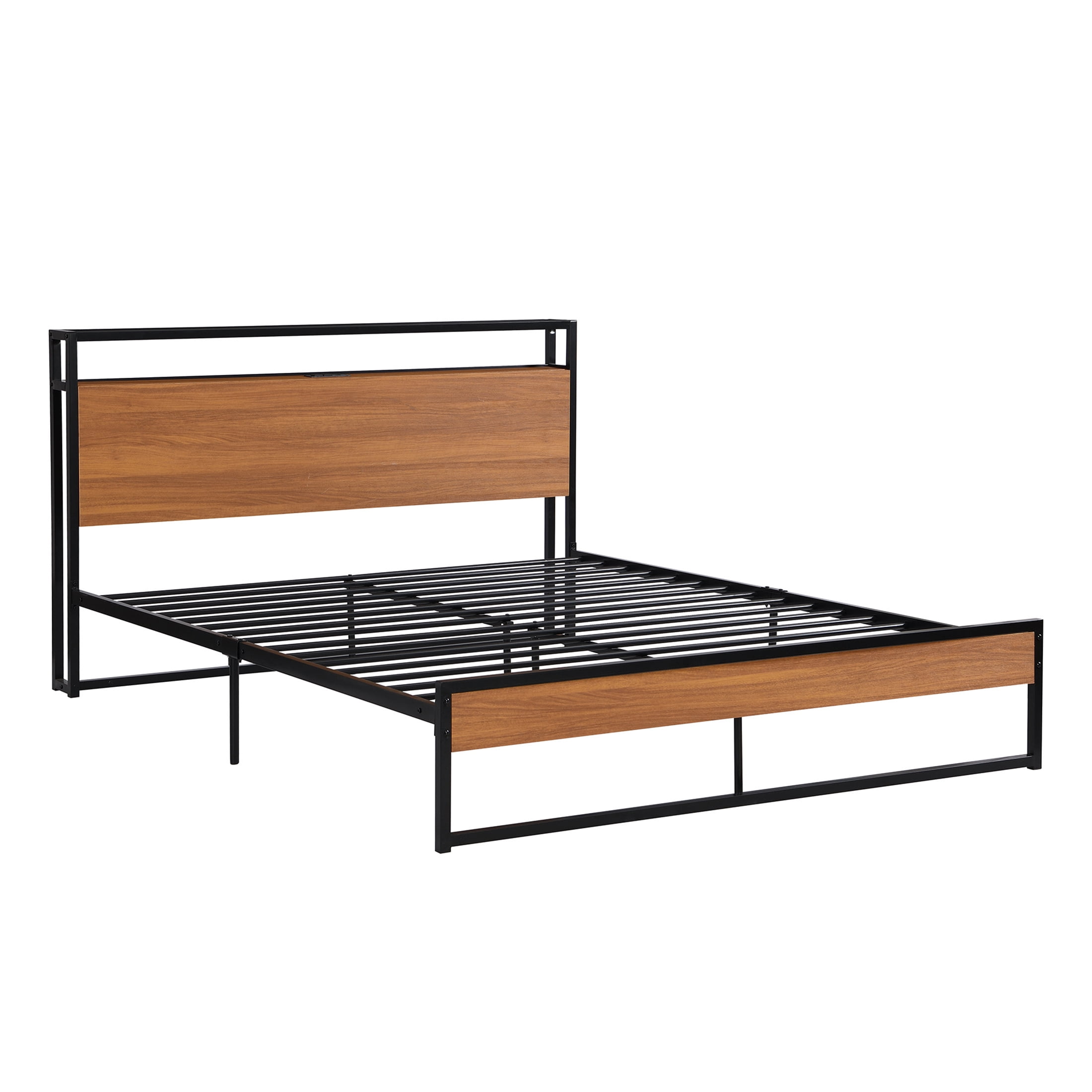 Aukfa Metal Queen Size Bed Frame with 2-Tier Storage Headboard Shelf, 2 USB Ports, Brown