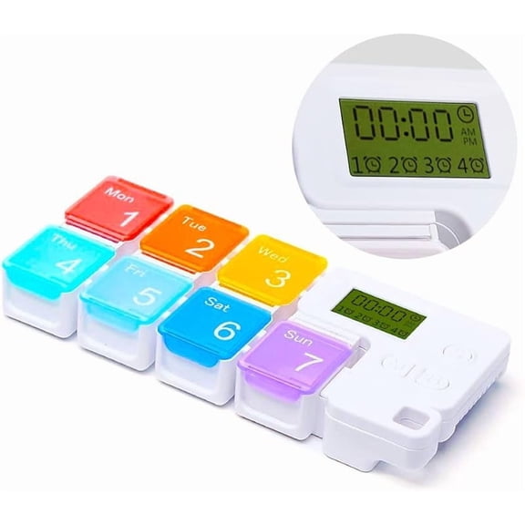 CN 7 Day Medicine Pill Organizer, 4 Reminder Alarms, Loud Sound, 7 Large Compartments, Large Screen, Moisture-Proof, Dust-Proof, Travel Weekly/Daily Pill Box/Organizer/Case/Container/Dispenser