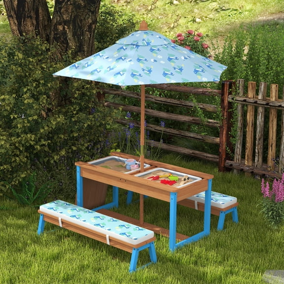 Qaba Kids Picnic Table, Wooden Table and Bench Set with Foldable Umbrella, Removable Cushions & Boxes, Dinosaur Theme for Patio, Blue