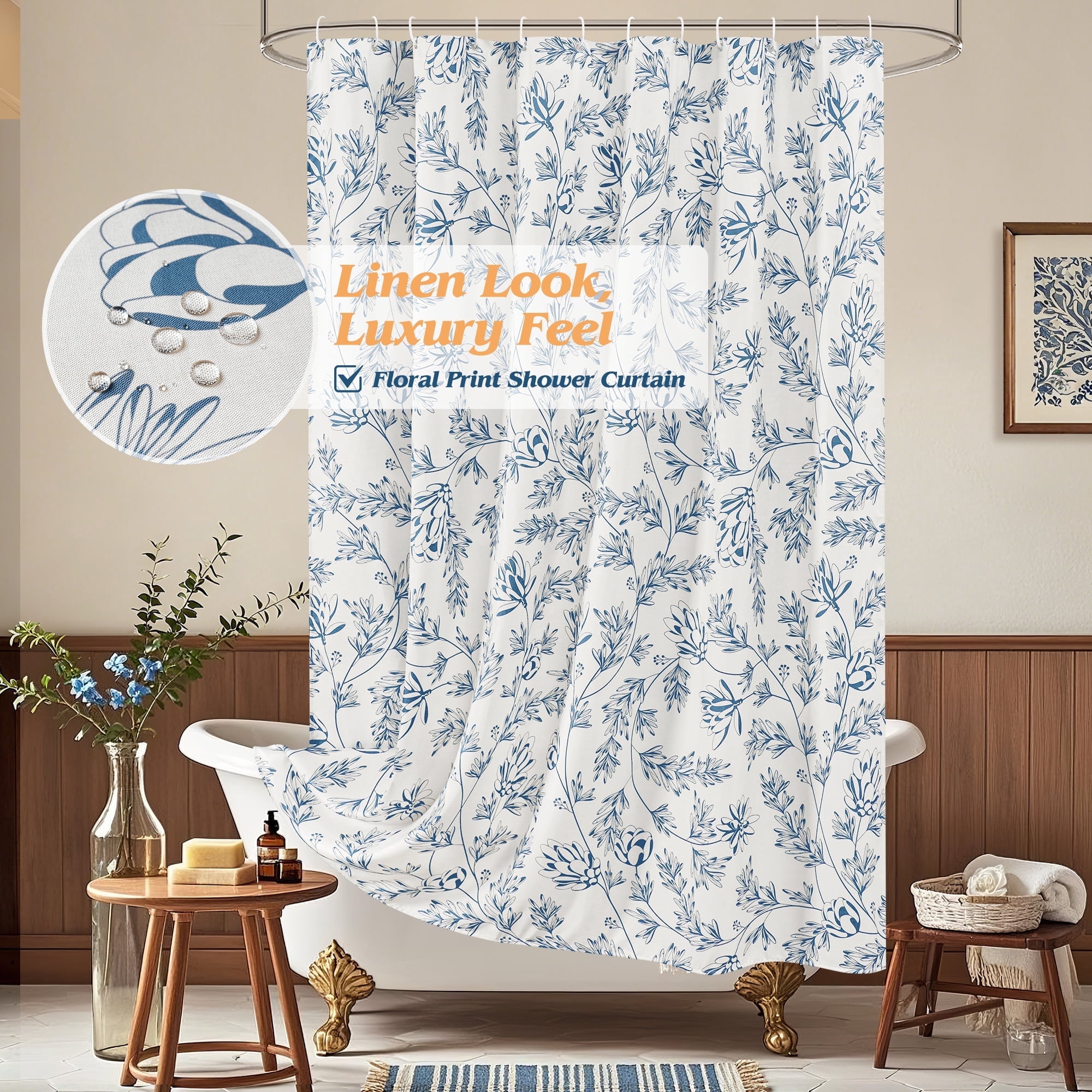 Inosoo Elegant Blue Floral Print Linen - Look Shower Curtain, Thick & Soft Faux Linen Cloth Bathroom Curtain, 72" W x 72" L