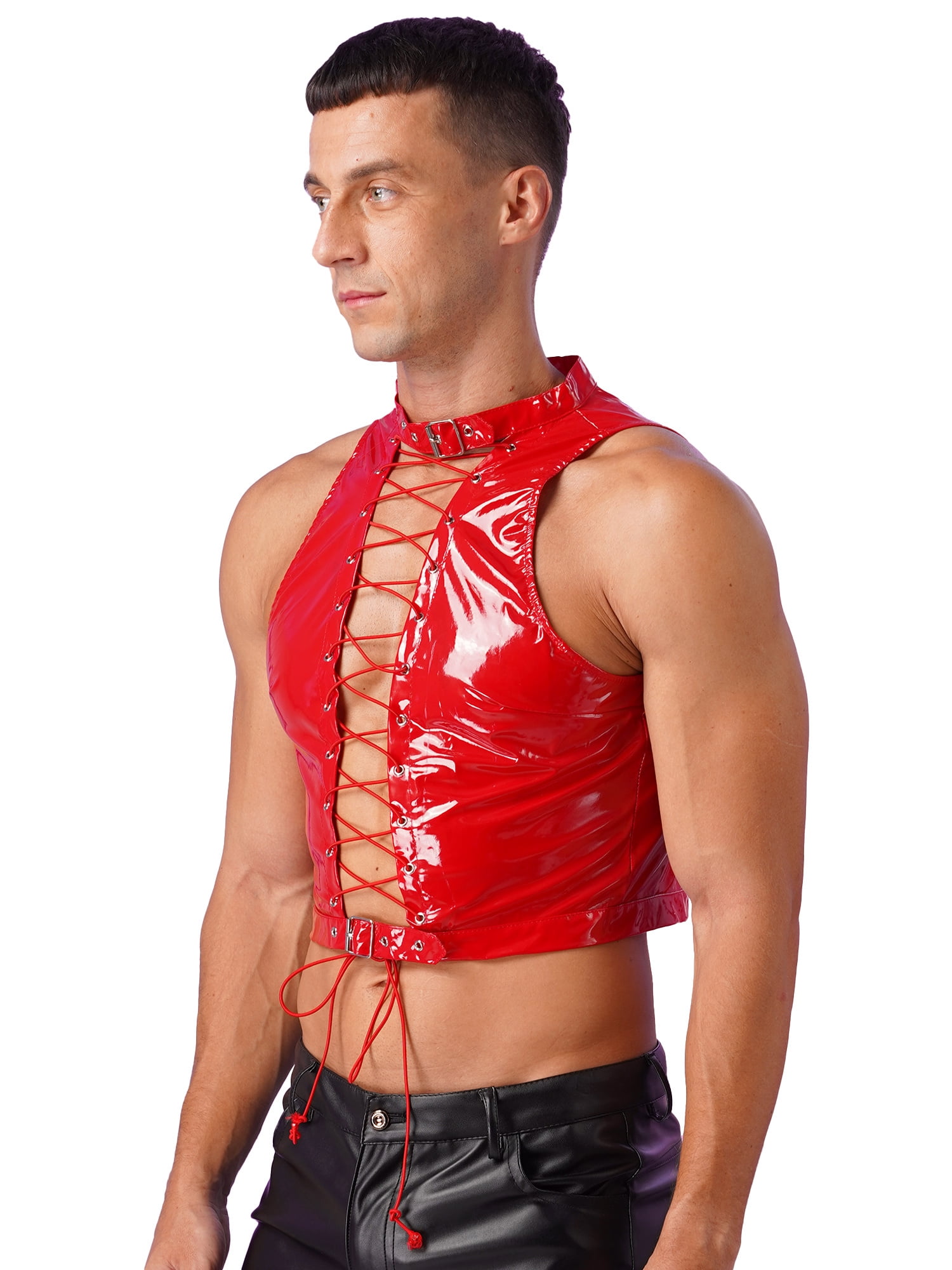 Yeahdor Mens Sleeveless Lace-Up Crop Top Wet Look Patent